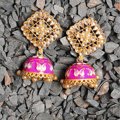 Yellow Chimes Traditional Gold Plated Pink Meenakari Kundan Studded Jhumki/Jhumka Earrings for Women and Girls, gold, pink, medium (YCTJER-393MKSQ-PK)