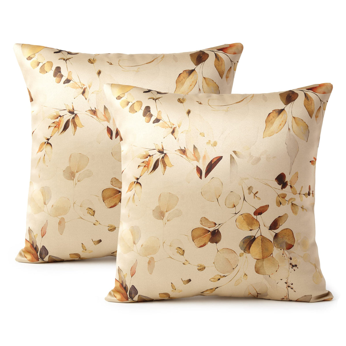Encasa Polyester Homes Decorative Cushion Cover 20 X 20 Inch (50 X 50 Cm) - L1 Gold - Floral Digital Printed Large Square Pillow Case For Chair Seat Bed Office & Home (Set of 2)