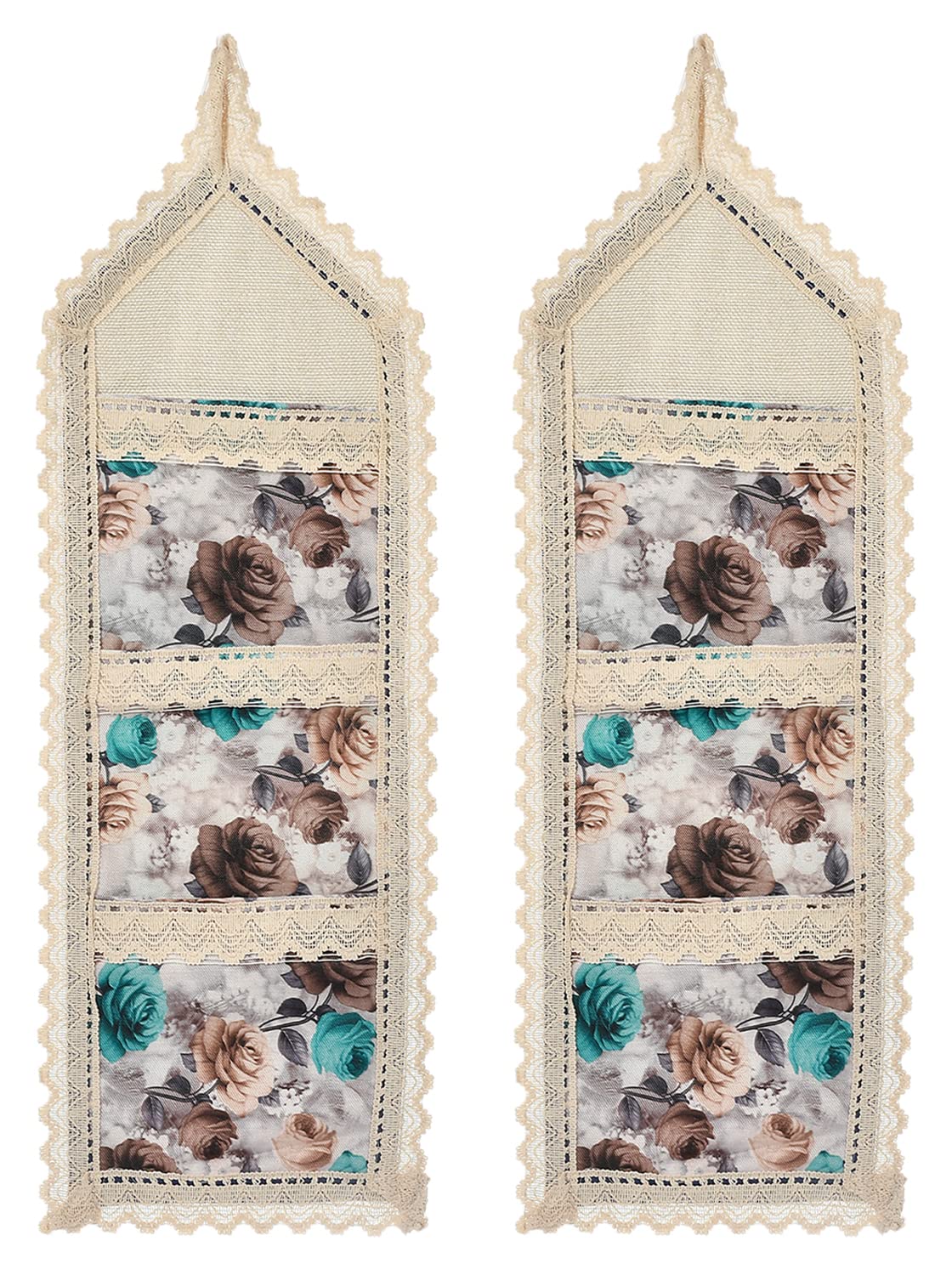 Heart Home Flower Printed Multiuses 3 Pockets Wall Hanging Storage Organizer/Holder for Home- Pack of 2 (Cream & Brown)-50HH01173
