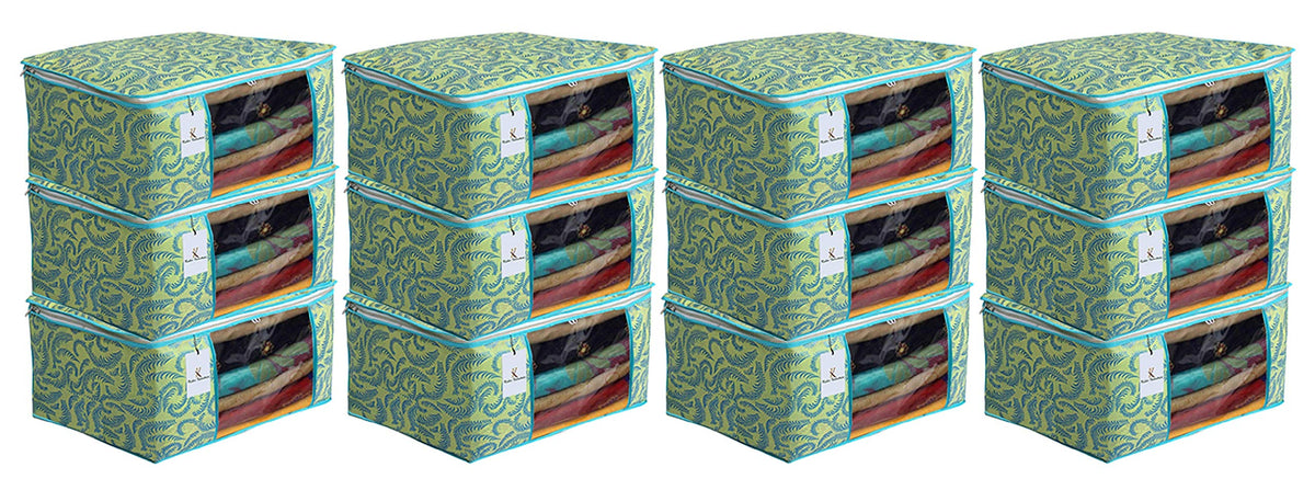 Kuber Industries Metallic Leaf 12 Piece Non Woven Saree Cover, Large, Olive Green-CTKTC14099