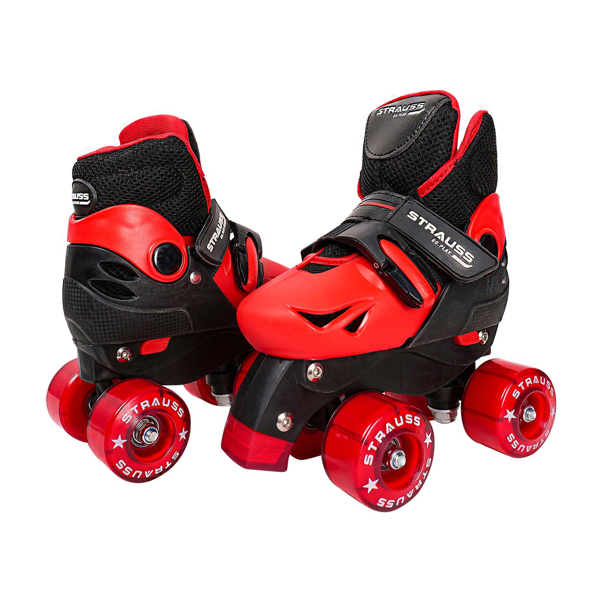 STRAUSS Gatiman Adjustable Skating Shoes | Latest Designed Roller Skates With Break | Ideal For Boys And Girls | Adjustable 4 Wheels Skating Shoe | Size: Sub-Junior (Black/Red), Outdoor Wheel