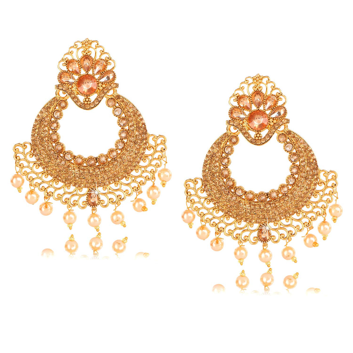 Yellow Chimes Golden Kundan Studded Pearl Chand Bali Earrings for Women and Girls