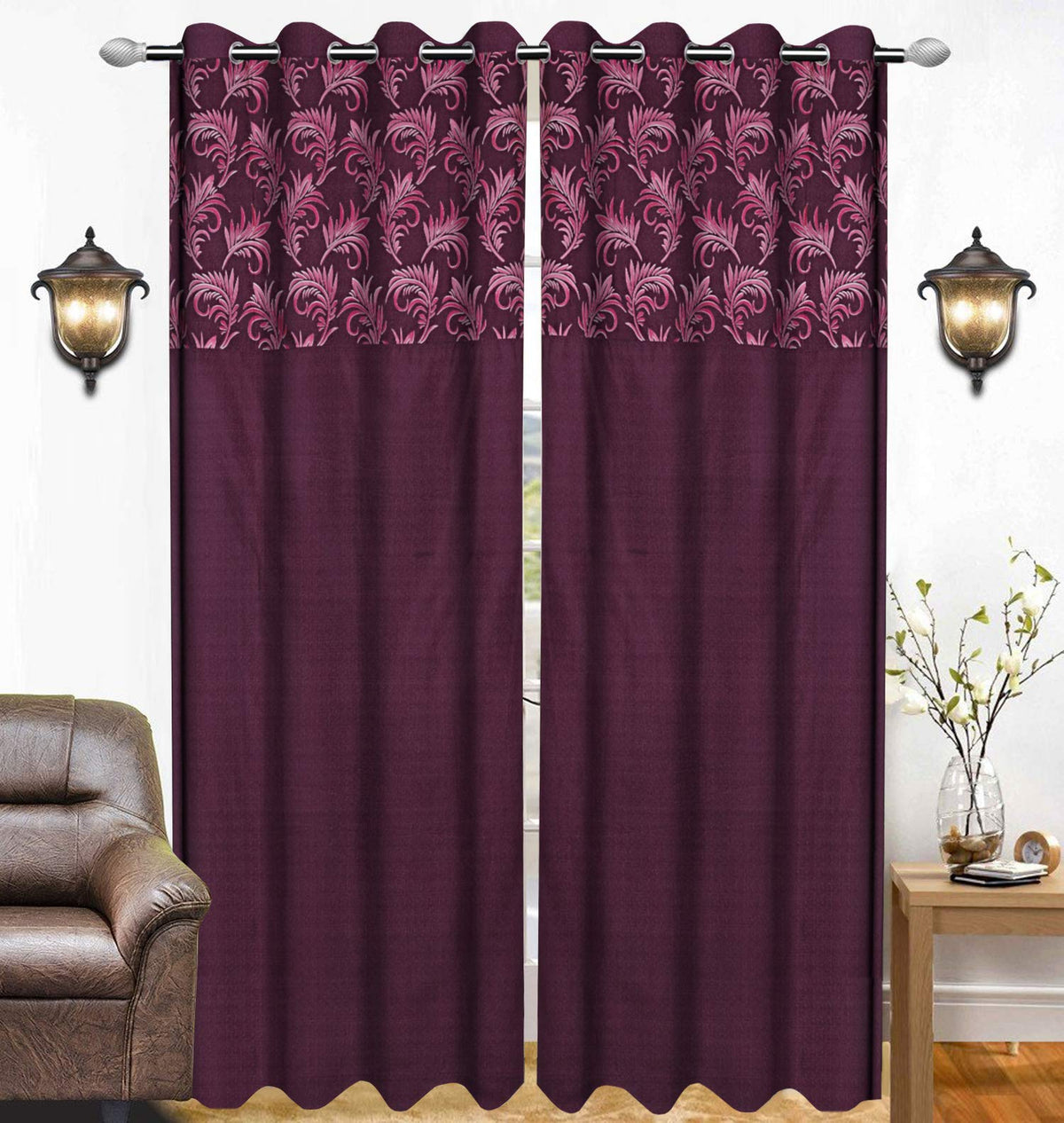 Kuber Industries Leaf Design 2 Pieces Polyester Eyelet Door Curtain 7 Feet (Pink)-CTKTC14206