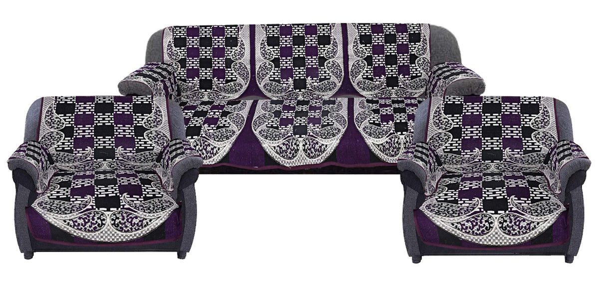 Heart Home Flower Design Cotton 6 Pieces 5 Seater Sofa Cover Set (Black & Purple) CTHH01576