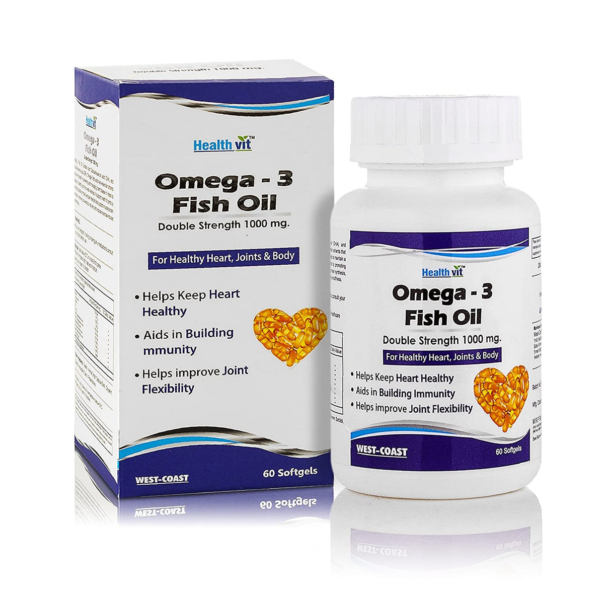 Healthvit Omega 3 Fish Oil Double Strength (EPA & DHA) 1000mg 60 Softgels for Healthy Heart, Joints & Body Omega-3