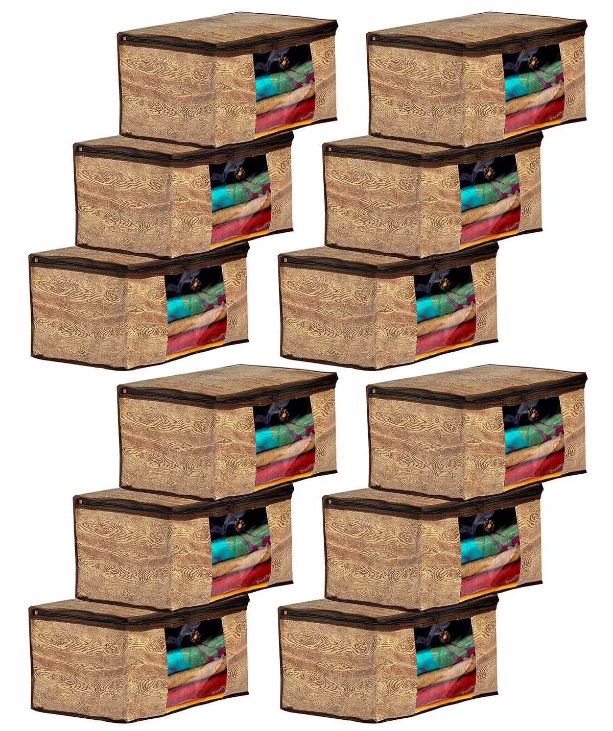 Heart Home Wooden Design Non-Woven Foldable Saree Cover/Clothes Storage Bag/Wardrobe Organizer With Transparent Window- Pack of 12 (Brown)-44HH0391