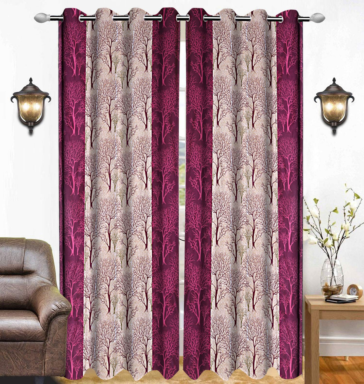 Kuber Industries Tree Design 2 Pieces Polyester Eyelet Door Curtain 7 Feet (Pink)-Ctktc030159