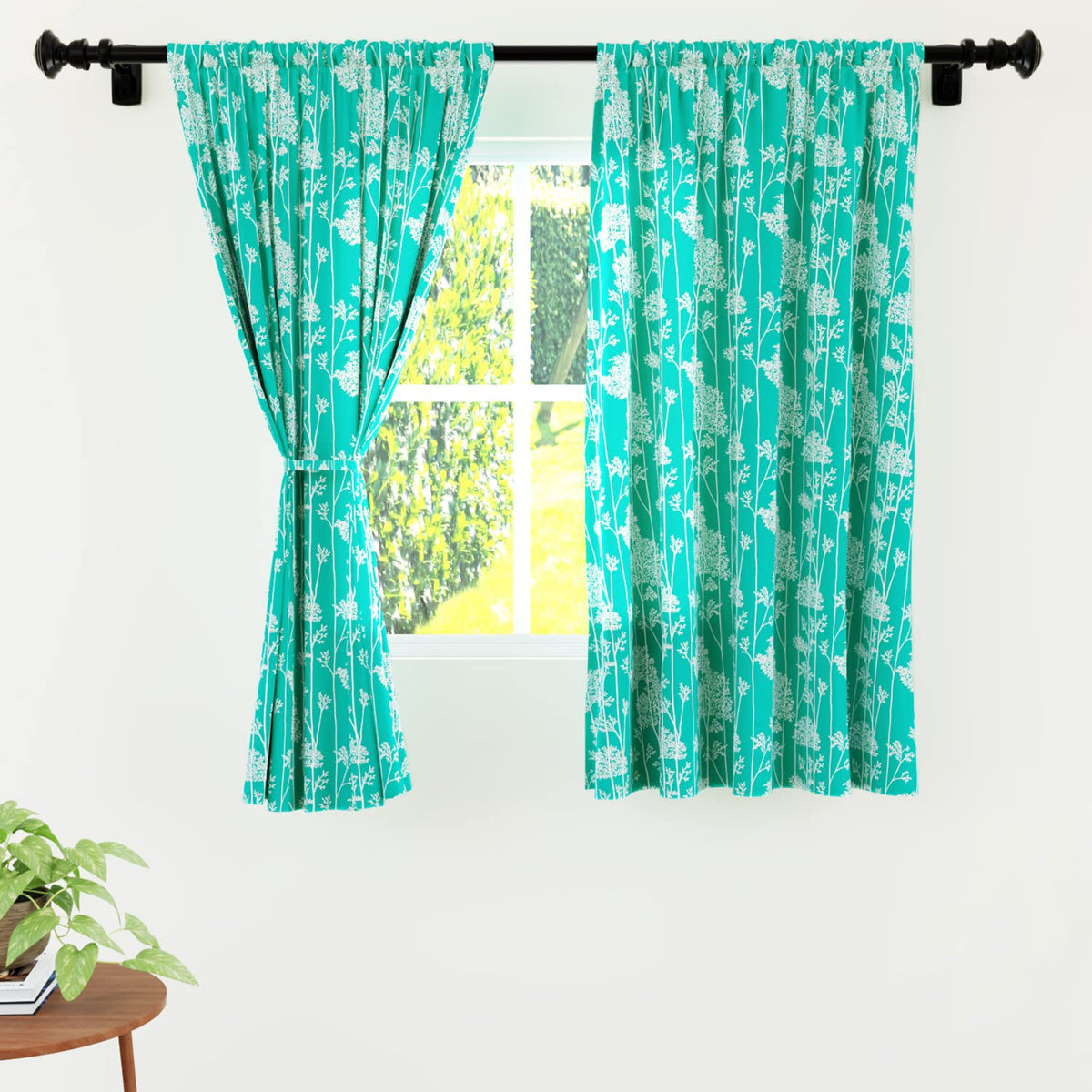 Encasa Homes Polyester Printed Window Curtain for 5 ft with Tie Back, Rod Pocket, Light-Filtering, Curtains for Kitchen, Bedroom, Living Room (140x150 cm), Blotch Teal, Set of 2