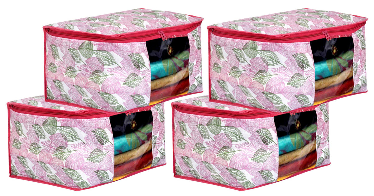 Kuber Industries Metalic leafy Print 4 Piece Non Woven Fabric Saree Cover Set with Transparent Window, Extra Large (Pink)-KUBMART16534