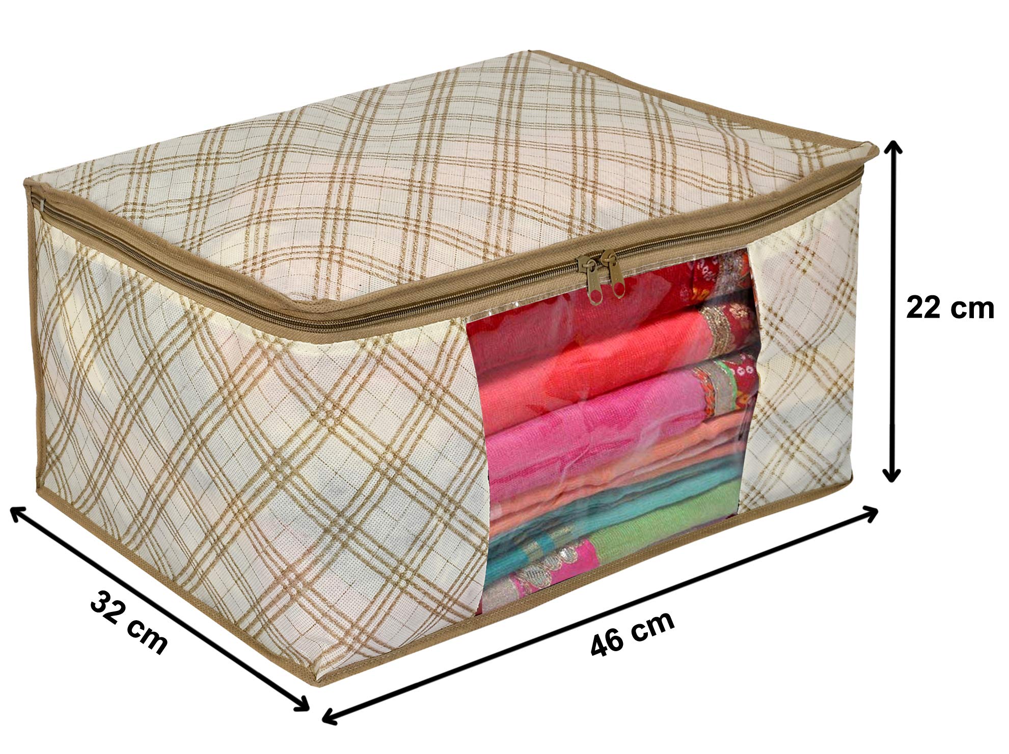 Kuber Industries Metalic Checkered Print Non-woven Foldable Saree Cover|Storage Bag/Wardrobe Organizer|Zipper Closer With Transparent Window|Size 46 x 32 x 22 CM|Pack of 3 (Ivory)-KUBMART16504, cotton
