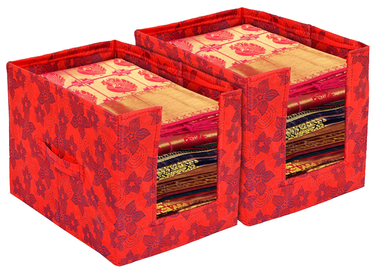 Kuber Industries Metalic Flower Print Foldable Rectangle Cloth Saree Stacker Cloth Wardrobe Organizer- Pack of 2 (Red)