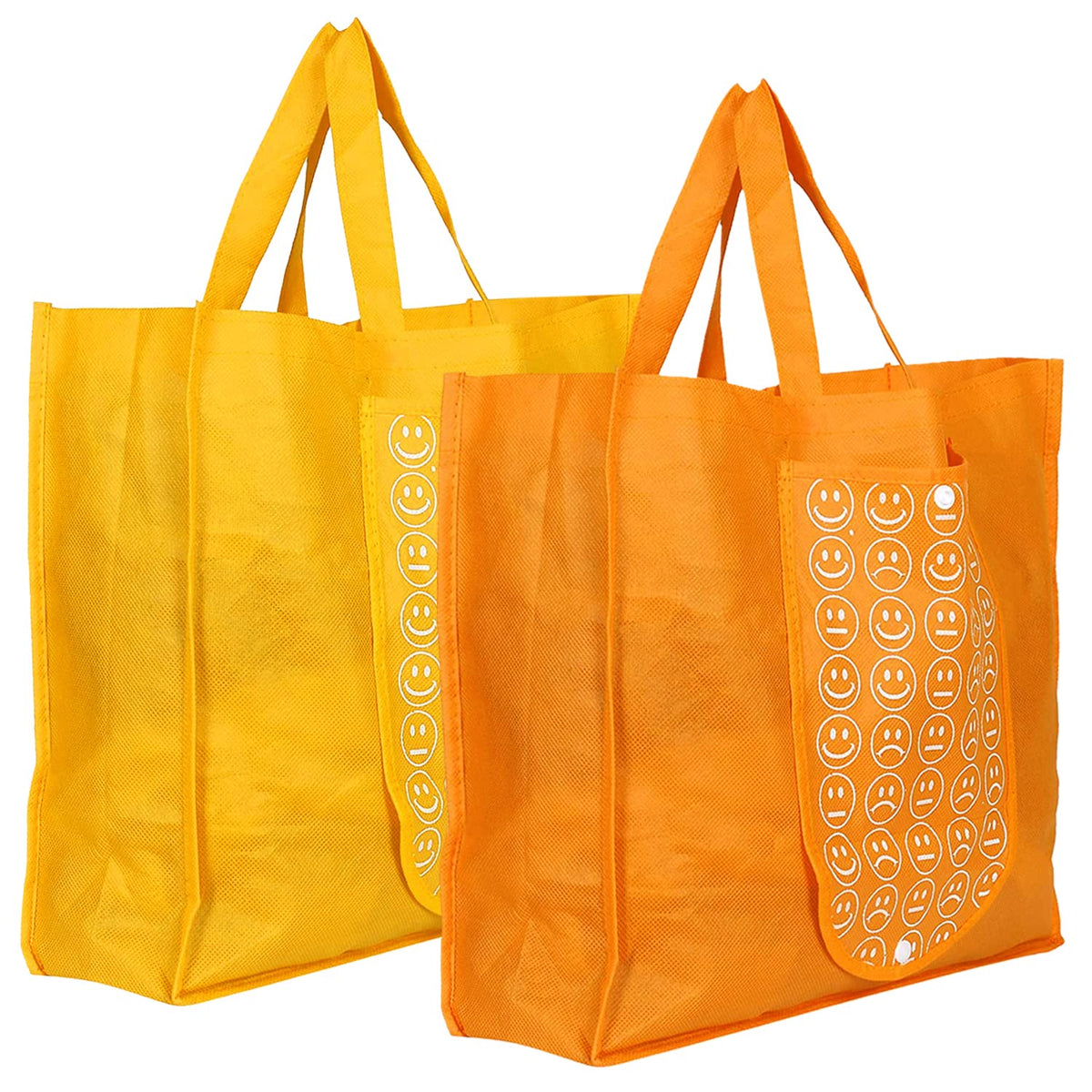 Heart Home Smiley Printed Foldable Non-Woven Grocery Shopping Bag with One Small Pocket- Pack of 2 (Yellow & Deep Yellow) -45LUGHH0125