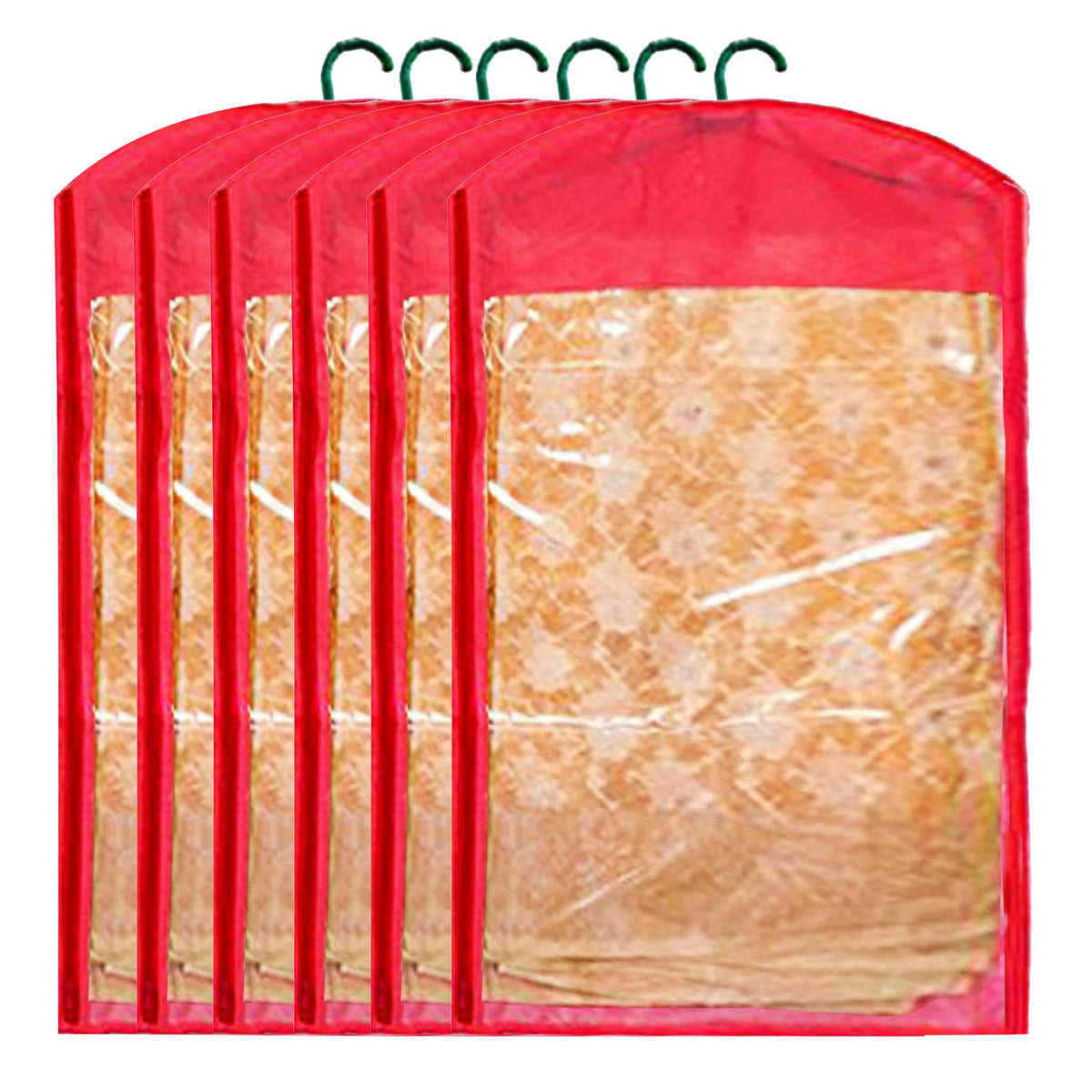 Kuber Industries Woven Hanging Saree Cover Wardrobe Organiser With Hanger|Zipper Closure|Pack of 6 (Red)