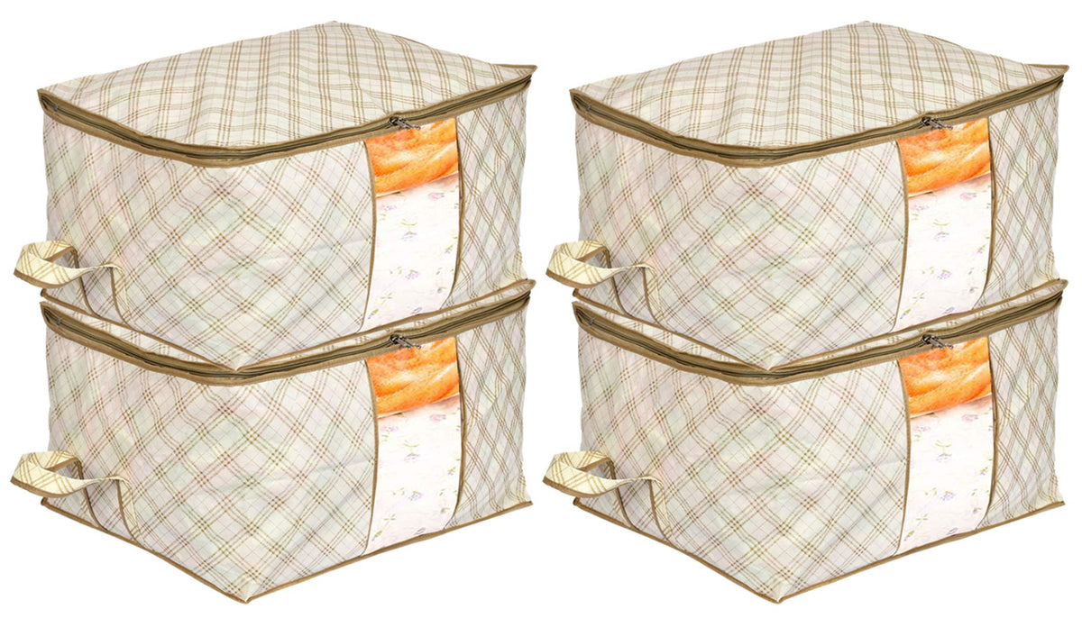 Kuber Industries Metalic Checkered Print Non Woven 4 Pieces Underbed Storage Bag,Cloth Organiser,Blanket Cover with Transparent Window (Ivory)-KUBMART16587