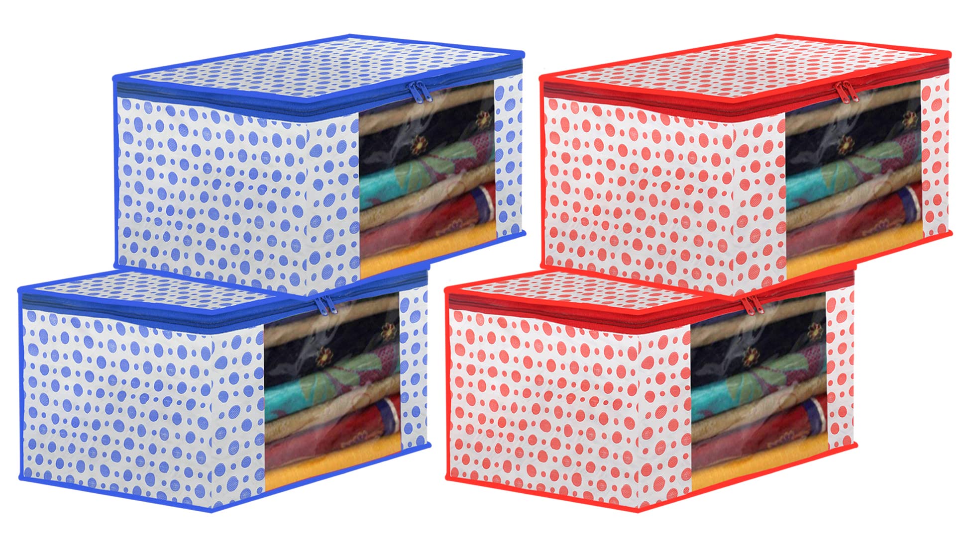 Kuber Industries Dot Printed Foldable, Lightweight Non-Woven Saree Cover/Organizer With Tranasparent Window- Pack of 4 (Blue & Pink)-46KM0507