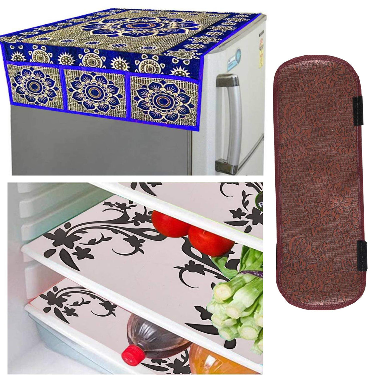 Kuber Industries Cloth 3 Pieces Fridge Mat, 1 Piece Handle Cover and 1 Pieces Fridge Top Cover (Multi)-CTKTC2787