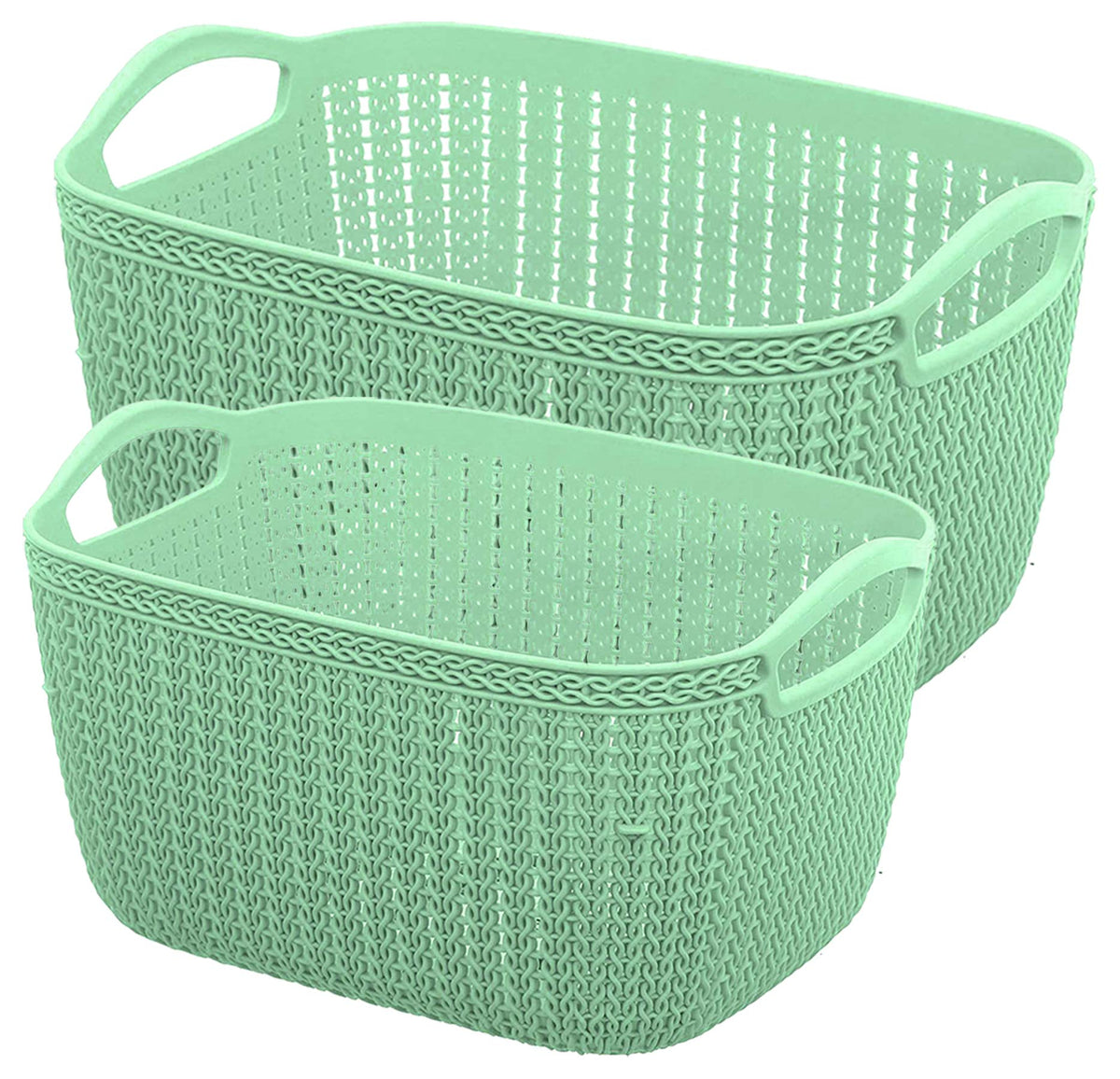 Kuber Industries Q-5,6 Unbreakable Plastic 2 Pieces Multipurpose Large & Medium Size Flexible Storage Baskets/Fruit Vegetable Bathroom Stationary Home Basket with Handles (Light Green)