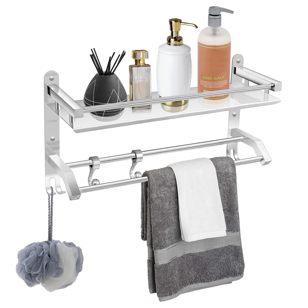 Plantex Bathroom Stand for Wall | Shelf for Bathroom | Steel Rack for Bathroom - with Hooks, Towel Hanger | Bathroom Accessories (2-Tier, Chrome)