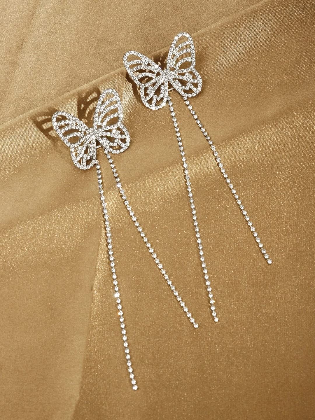 Yellow Chimes Earrings for Women and Girls Silver Dangler Earrings | Silver Toned Crystal Butterfly Long Chain Danglers Earrings for Women | Birthday Gift for girls and women Anniversary Gift for Wife