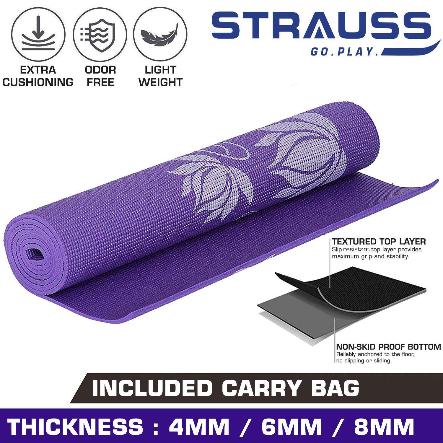 Strauss Anti Skid EVA Yoga Mat with Carry Strap, 6mm, (Orange)