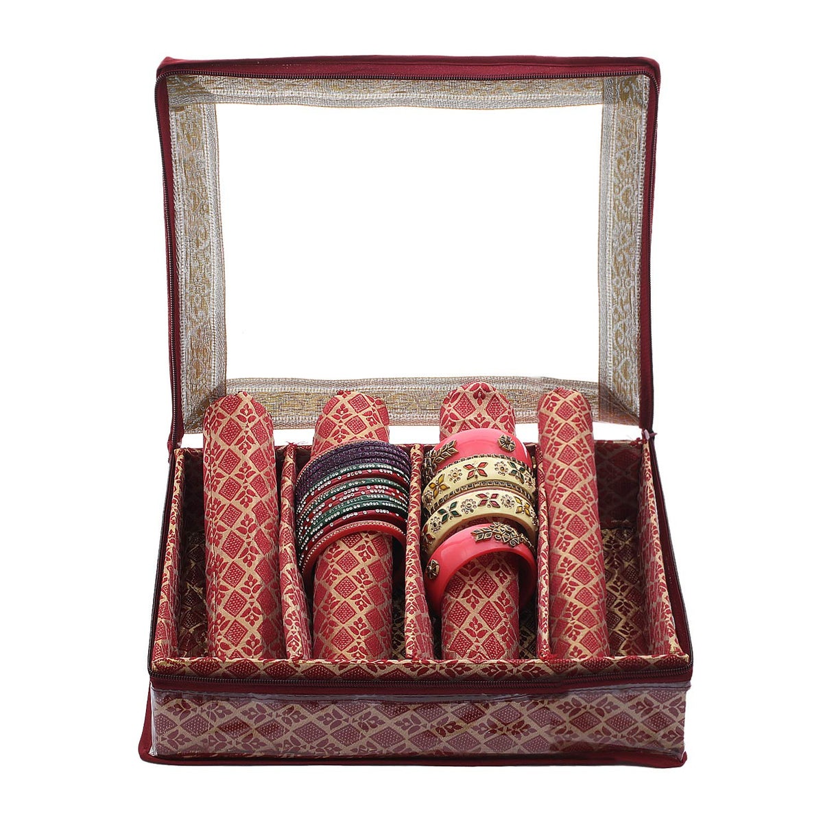 Kuber Industries Brocade Hardboard Four Rod Bangle Box (Maroon) - CTKTC42046