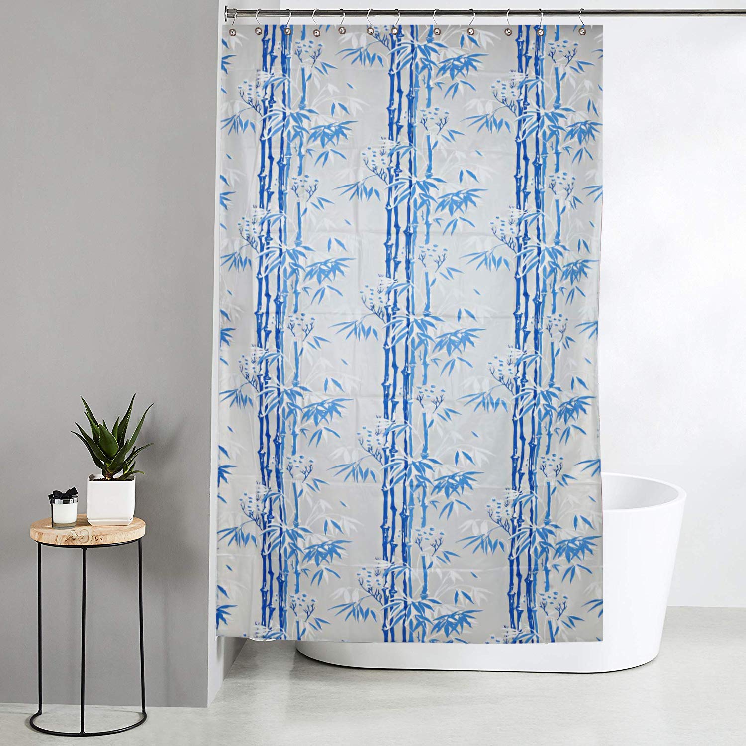 Kuber Industries Bamboo Design Waterproof PVC Shower Curtain with 8 Hooks 54 inch x 84 inch (Blue) CTKTC33775