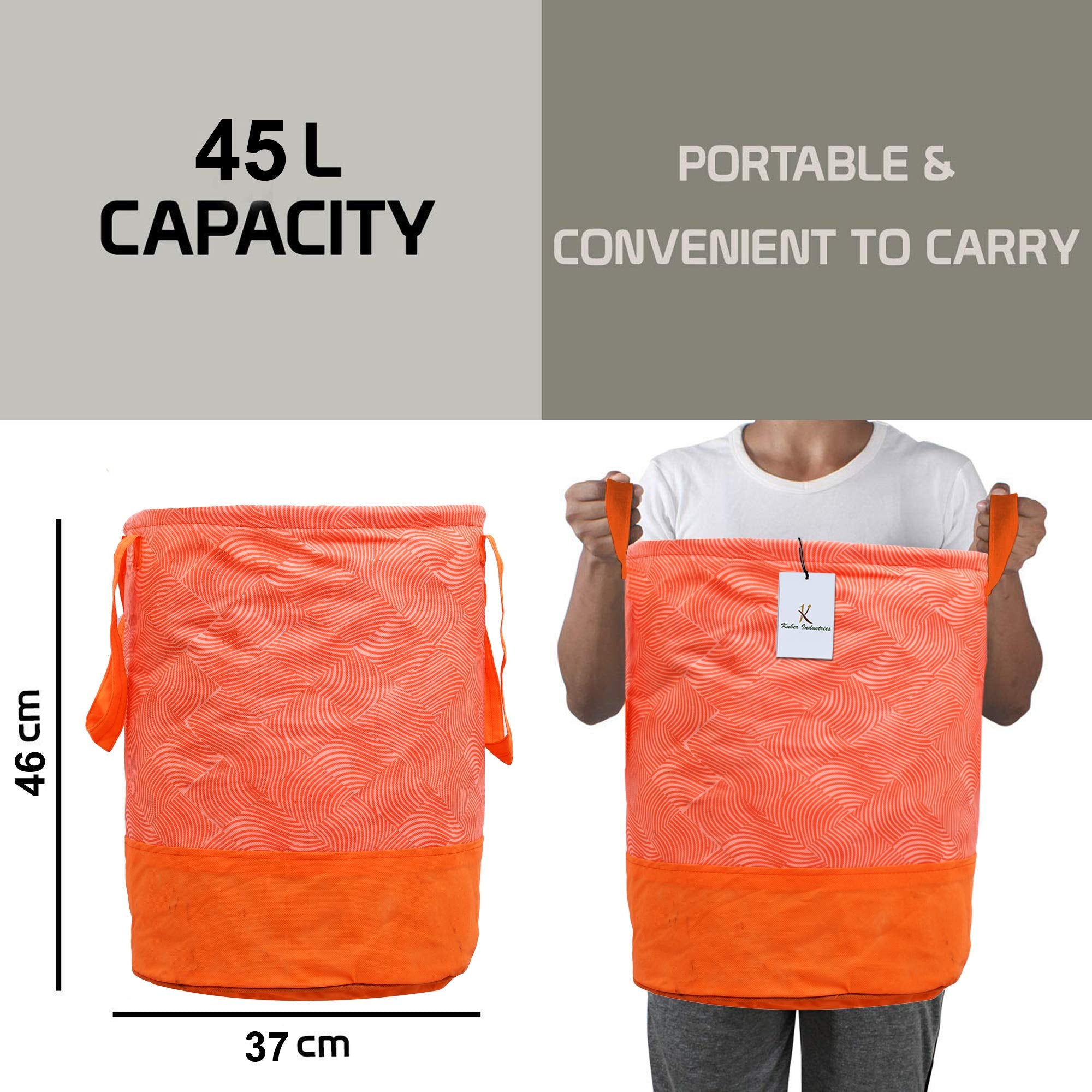 Kuber Industries Laheriya Printed Waterproof Canvas Laundry Bag|Toy Storage| Laundry Basket Organizer With Handles, 45 L (Orange) CTKTC134628, pack of 1