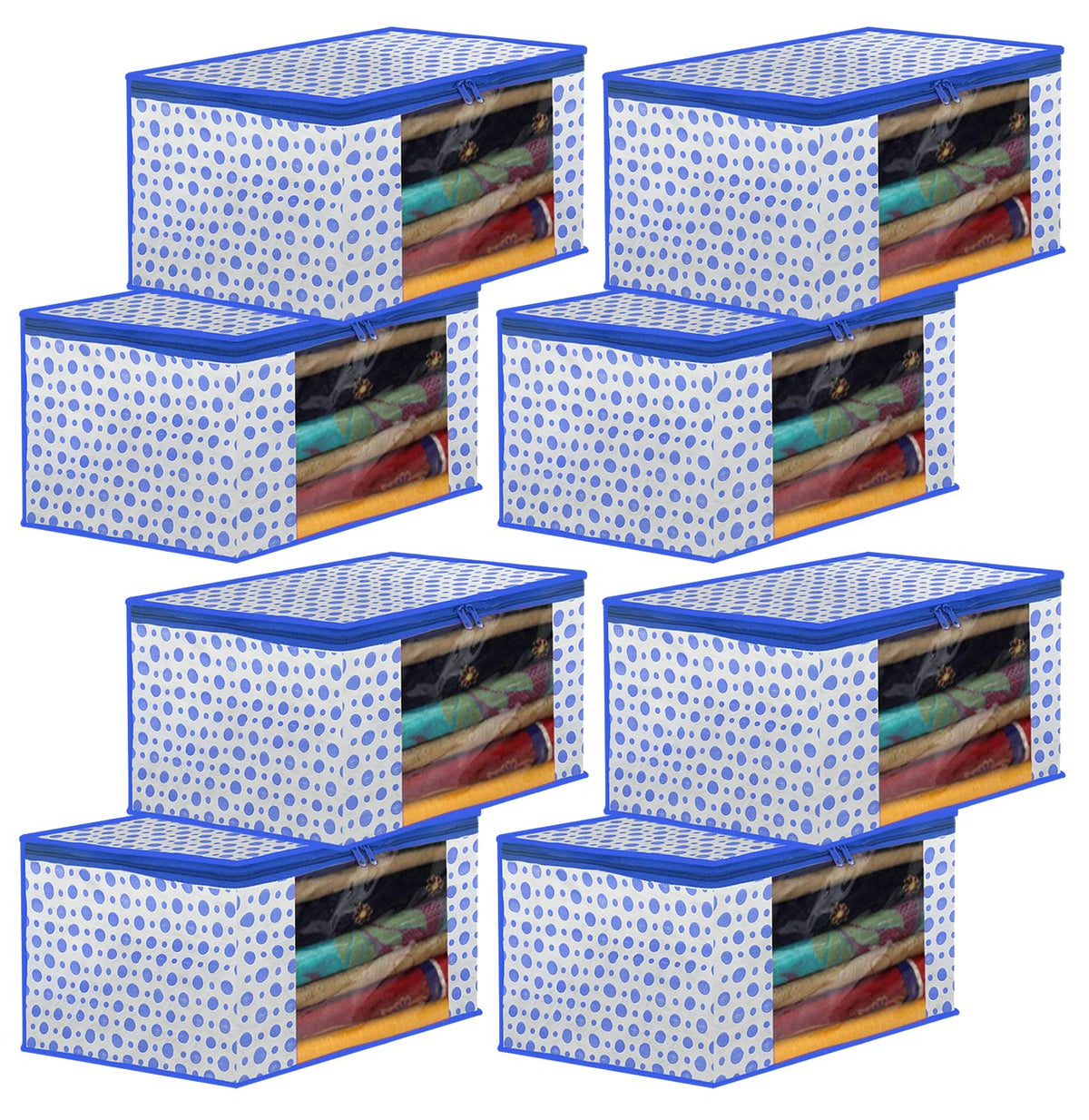 Heart Home Dot Printed Foldable, Lightweight Non-Woven Saree Cover/Organizer With Tranasparent Window- Pack of 8 (Blue)-46HH0499
