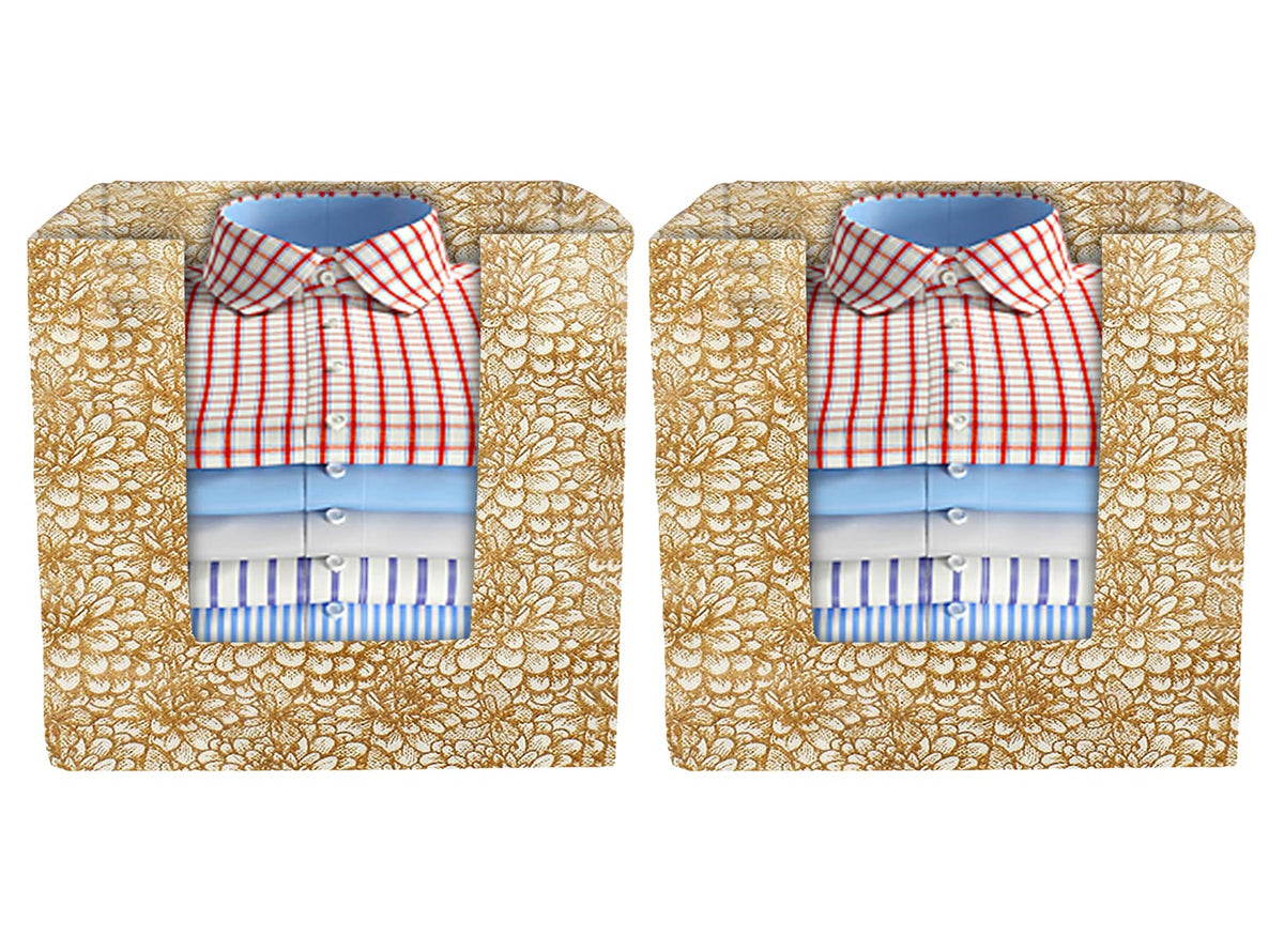 Kuber Industries Non-Woven Flower Print Foldable Shirt Stacker/Wardrobe Organizer For Shirts, Sarees, Lehengas With Handle Pack of 4 (Beige)
