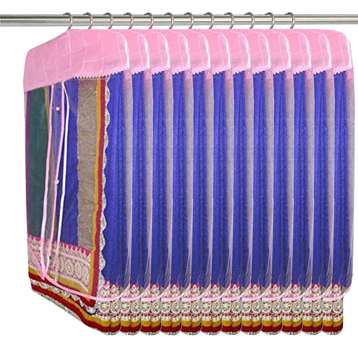 Kuber Industries Satin 12 Pieces Hanging Saree Cover Set (Pink)-CTKTC25495