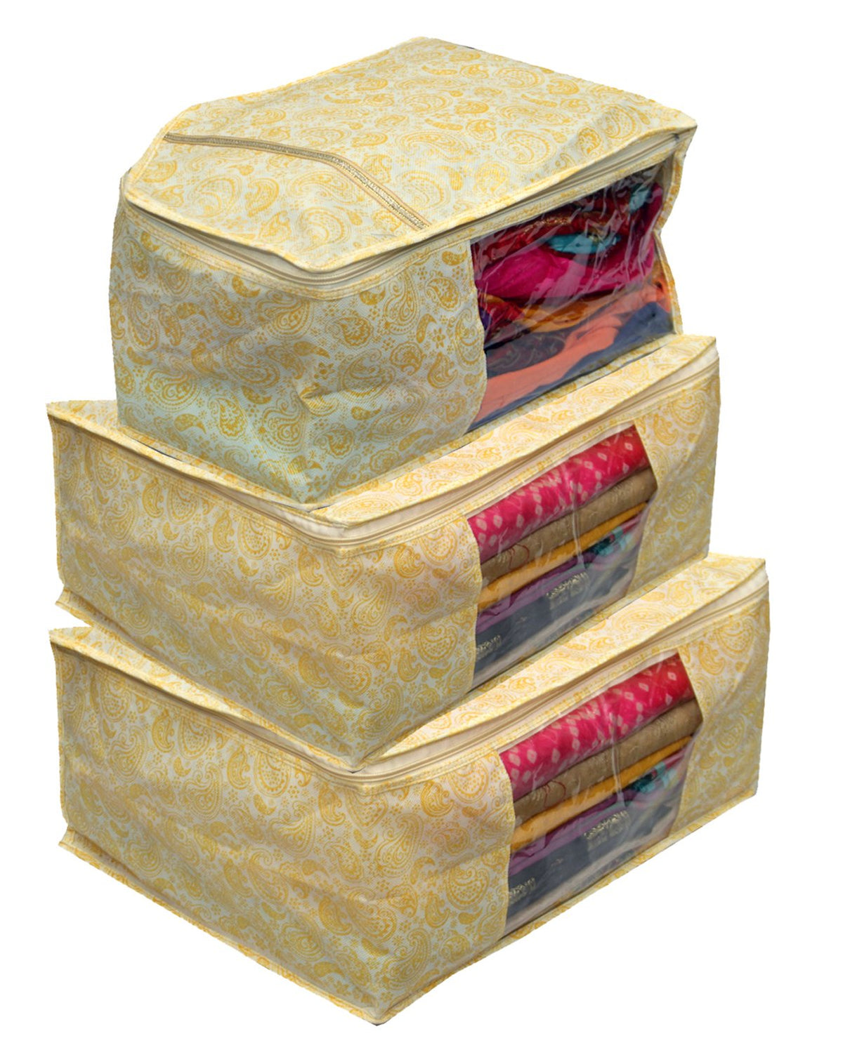 Kuber Industries 3 Piece Non Woven Saree, Blouse and Petticoat Cover, Yellow (SCY42)