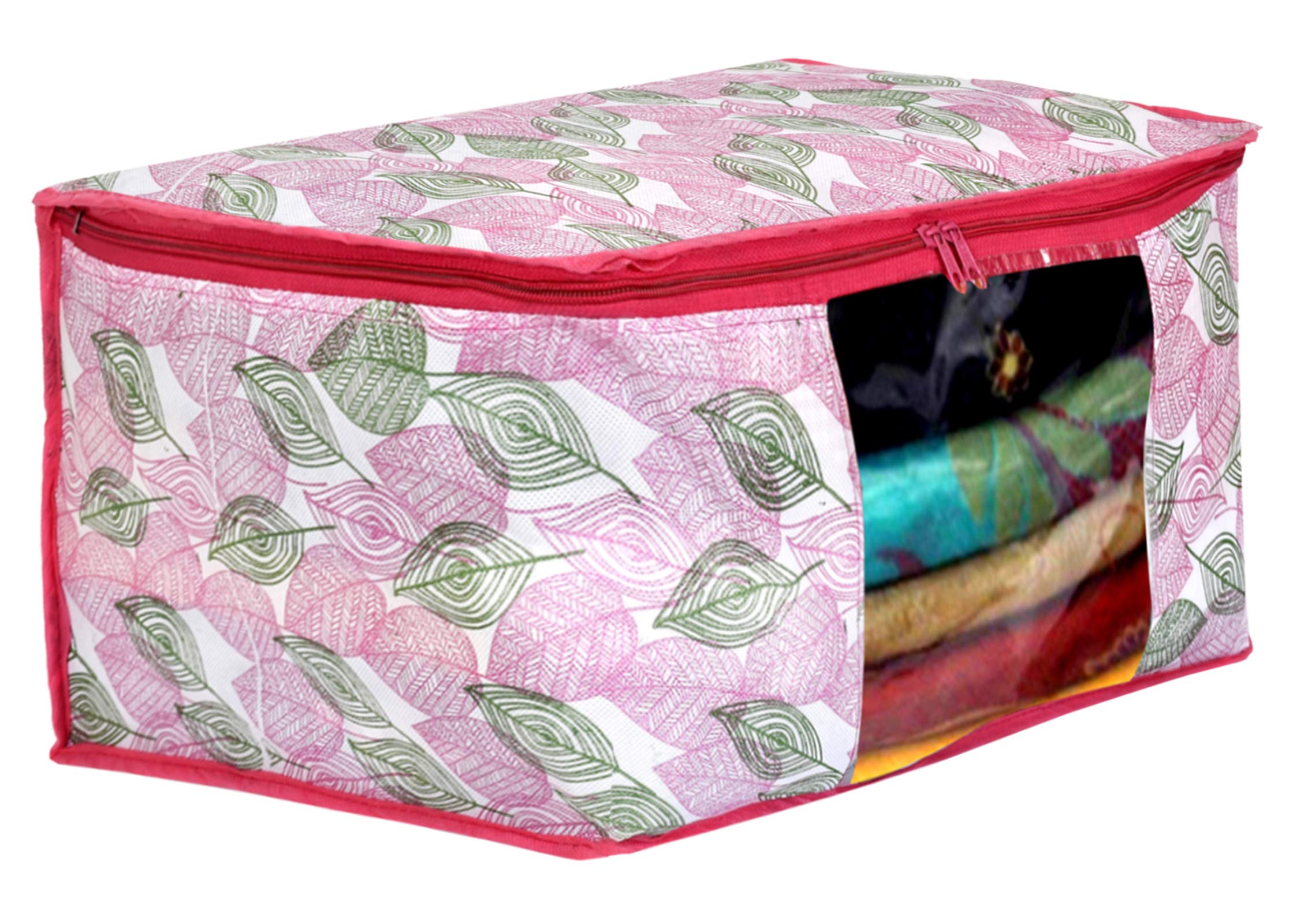 Kuber Industries Metalic Leafy,Checkered Print 6 Piece Non Woven Fabric Saree Cover/Clothes Organiser For Wardrobe Set with Transparent Window, Extra Large (Ivory & Pink)-KUBMART16559