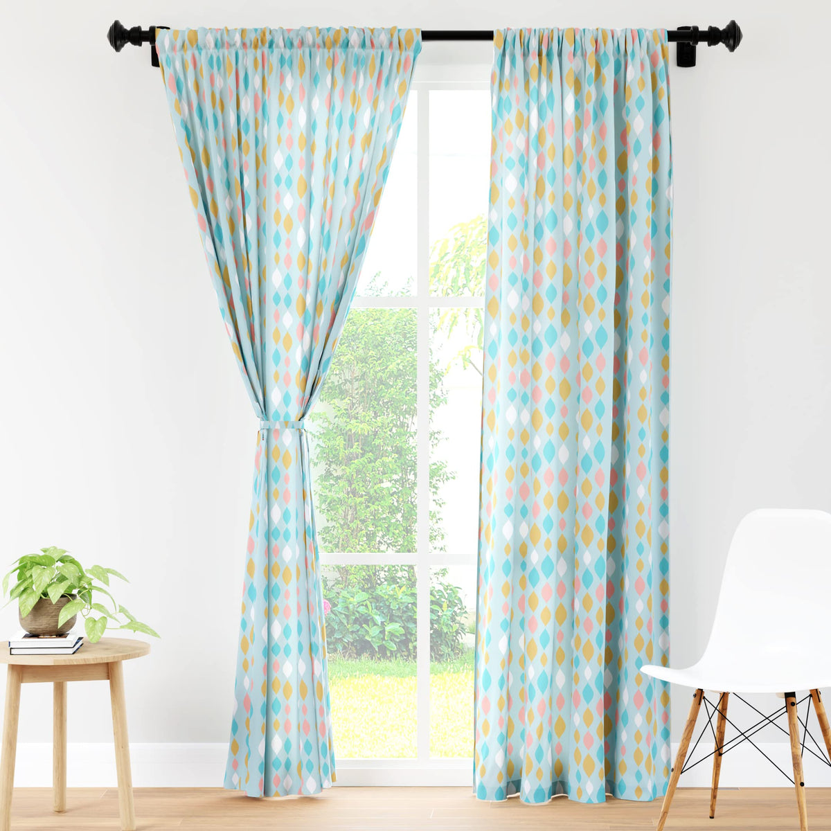 Encasa Homes Polyester Printed Long Door Curtain for 8 ft with Tie Back, Rod Pocket, Light-Filtering, Curtains for Kitchen, Bedroom, Living Room (140x244 cm), Teardrops Turq, Set of 2