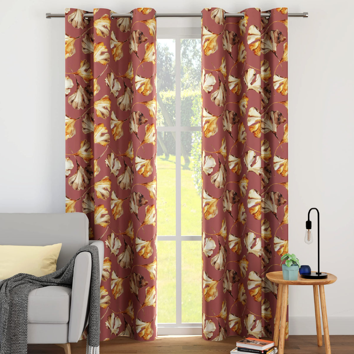 Encasa Homes Blackout Curtains (7 ft, 2 Panels) - Room Darkening - Floral Digital Print with Grommets, 85% Light Blocking, Sound & Heat Reducing - Gingko Plum