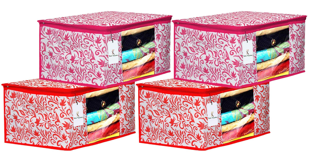 Kuber Industries Leaf Design 4 Piece Non Woven Fabric Saree Cover Set with Transparent Window, Extra Large, Red & Pink - CTKTC040815