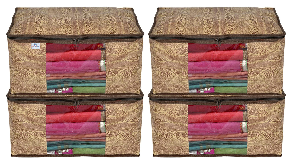 Heart Home Wooden Print 4 Piece Non Woven Fabric Saree Cover/Clothes Organiser For Wardrobe Set with Transparent Window, Extra Large (Brown)