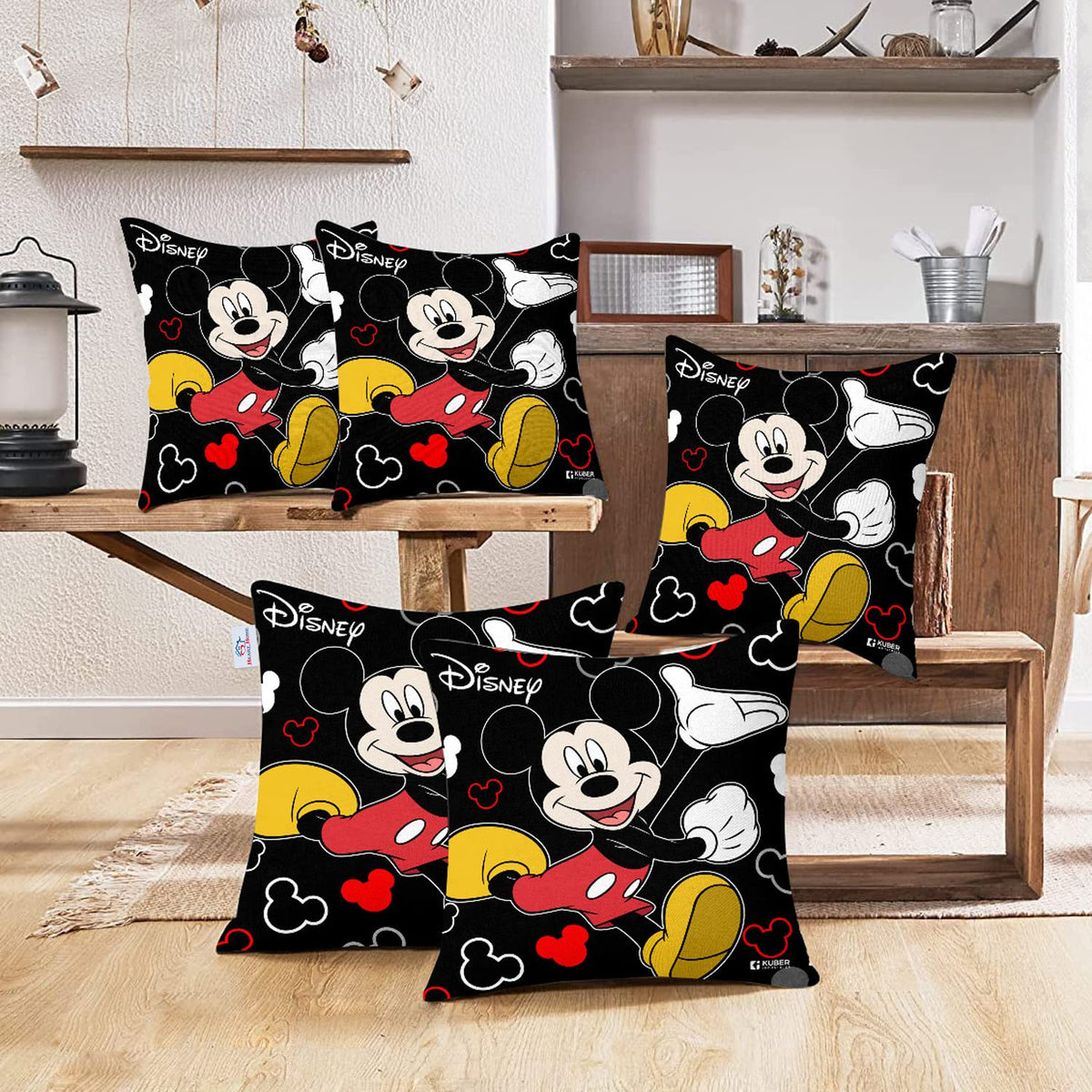 Heart Home Disney Mickey Print Cushion Cover|Sofa Cushion Covers|Sitting Cushion Cover|Polyester Cushion Filler|16x16 Inch|Set of 5 (Black)