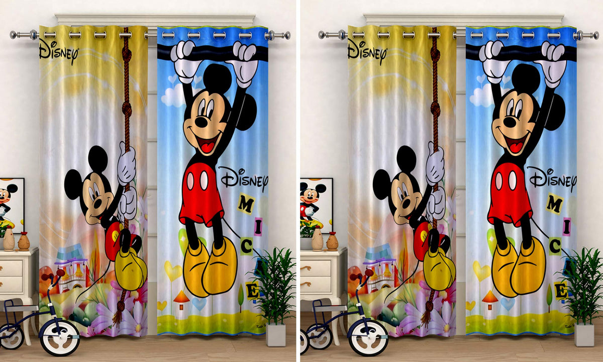 Kuber Industries Disney Mickey Print 4 Pieces Polyester Special Blackout Long Crush Eyelet Door Curtain 7 Feet (Sky Blue & Yellow)-KUBERMART91