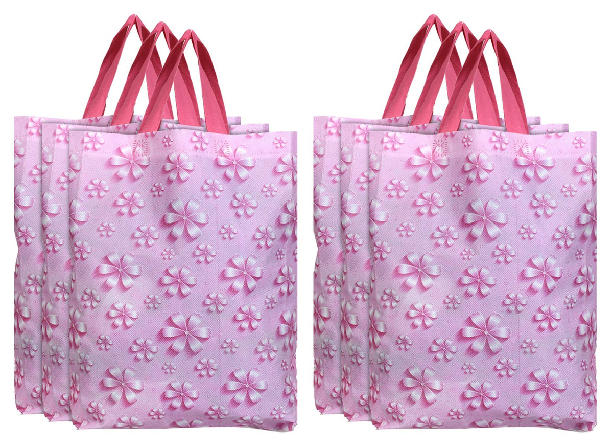 Kuber Industries Paper, Plastic Non Woven Bag Tote/Carry Bags with Handles Party Favor Pack of 6- Flower (Pink) F_26_KUBBMART016968