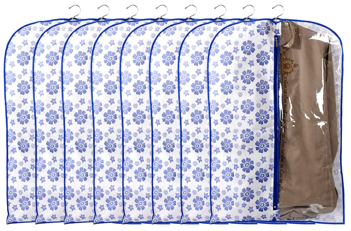 Kuber Industries Flower Printed 9 Pieces Half Transparent Non Woven Men's Coat Blazer Cover (Blue) -CTMTC39456