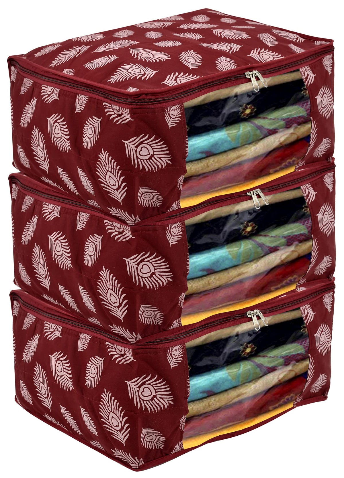 Kuber Industries Leaf Printed Saree Cover With Transparent Window, Pack of 2 (Maroon) (HS39KUBMART023668)