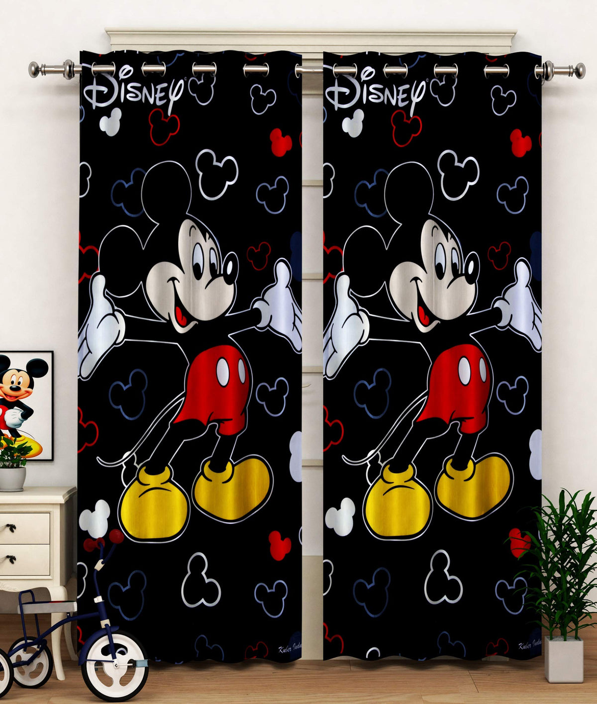 Kuber Industries Disney Mickey Print 2 Pieces Polyester Special Blackout Long Crush Eyelet Door Curtain 7 Feet (Black)-KUBMART013