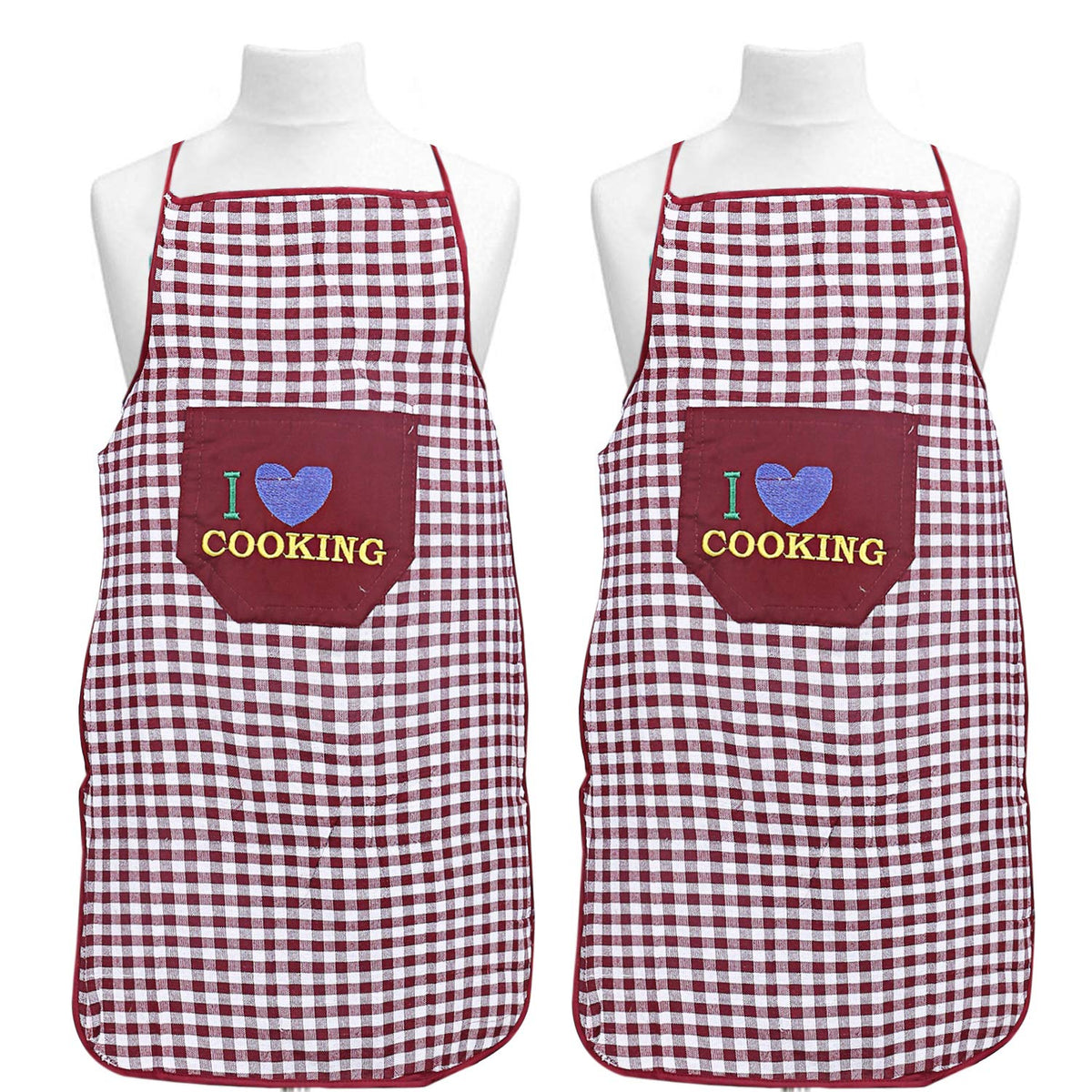 Kuber Industries Checkered Design Cotton 2 Pieces Waterproof Apron with Front Pocket (Maroon), CTKTC13742 (CTKTC013742)