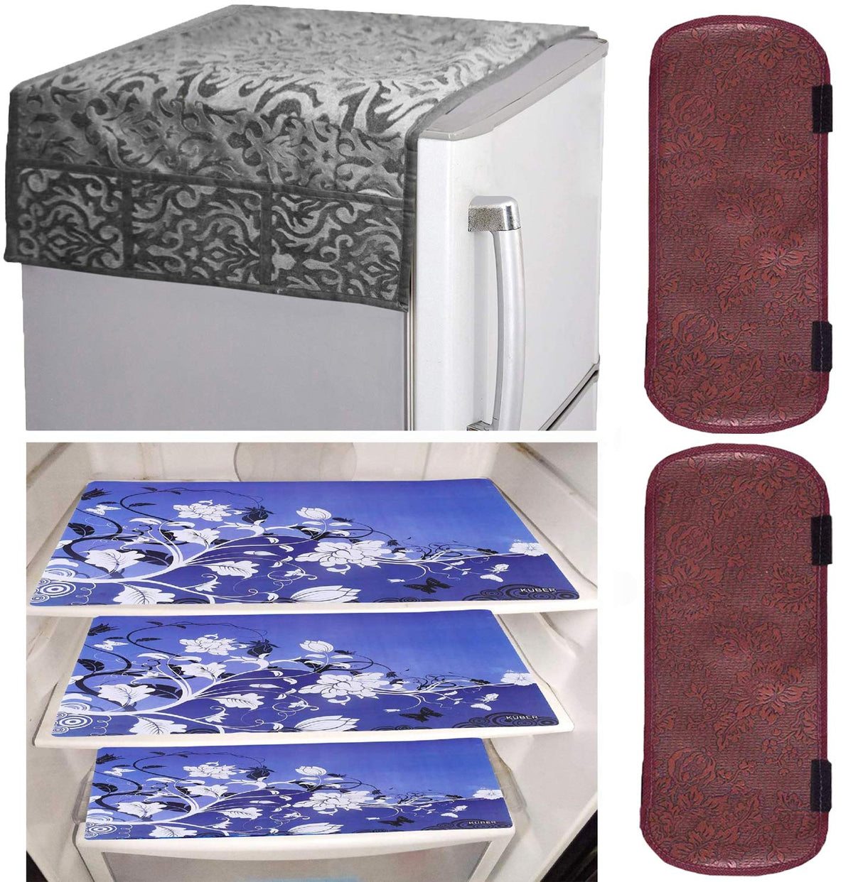 Kuber Industries PVC 3 Pieces Fridge Mats, 2 Piece Handle Cover and 1 Piece Fridge Top Cover (Grey)-CTKTC32898