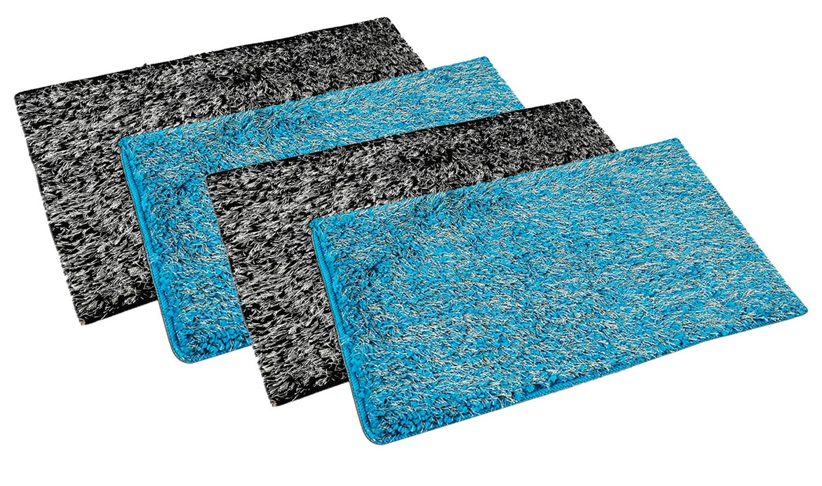 Kuber Industries CTKTC33439 Shaggy Microfibre Anti Slip Door Mat (16"x24", Black and Sky Blue) -4 Pieces