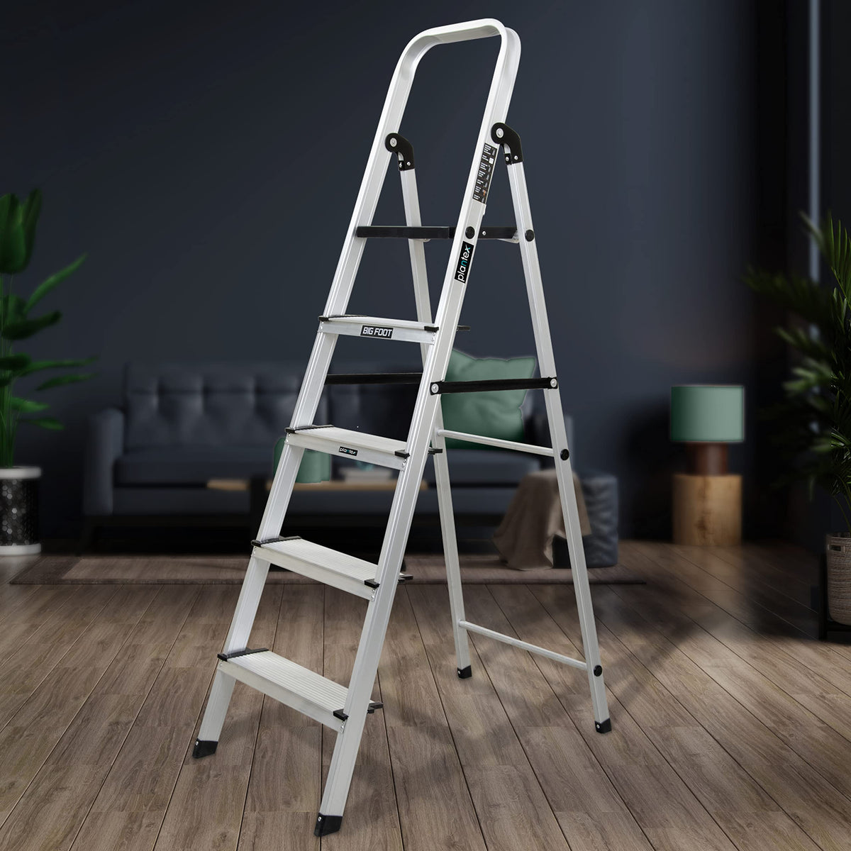 Plantex Big Foot - Widest Steps - Fully Aluminium Folding 5 Step Ladder for Home - 5 Wide Step Ladder (Black-Silver)