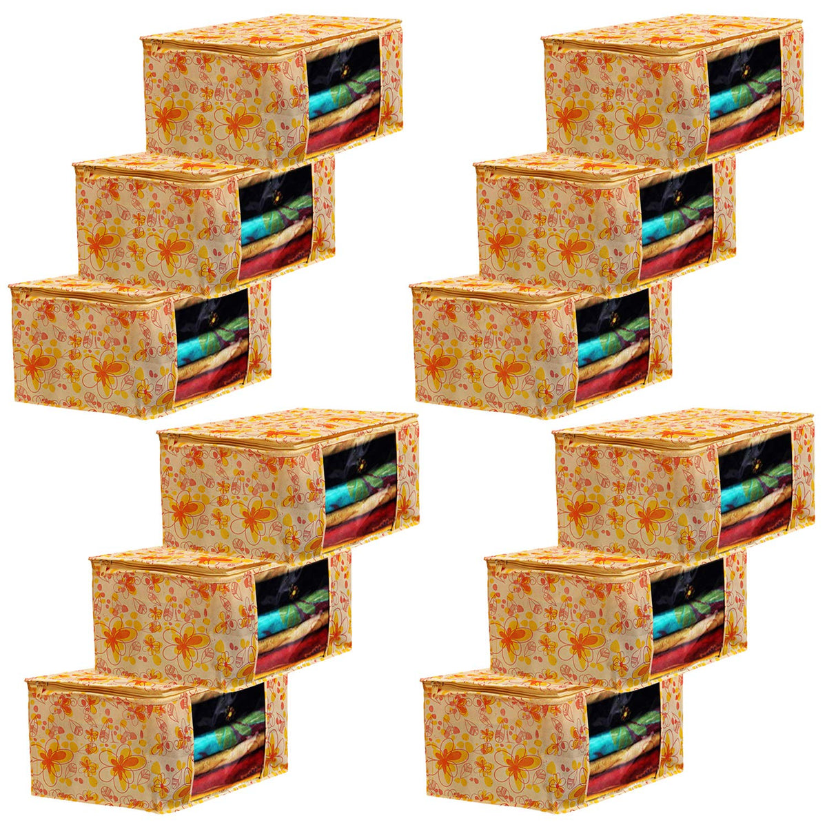 Kuber Industries Flower Design 12 Piece Non Woven Fabric Saree Cover Set with Transparent Window, Extra Large, Ivory & Red-CTKTC031911