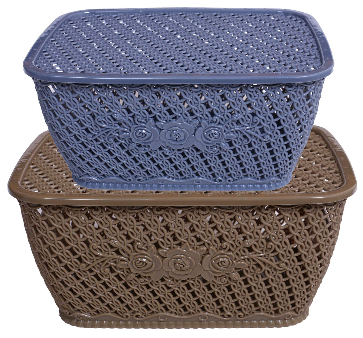 Kuber Industries Plastic 2 Pieces Small & Medium Size Multipurpose Solitaire Storage Basket for Kitchen, Office, Bedroom, Bath Room with Lid (Coffee & Grey) CTKTC034380