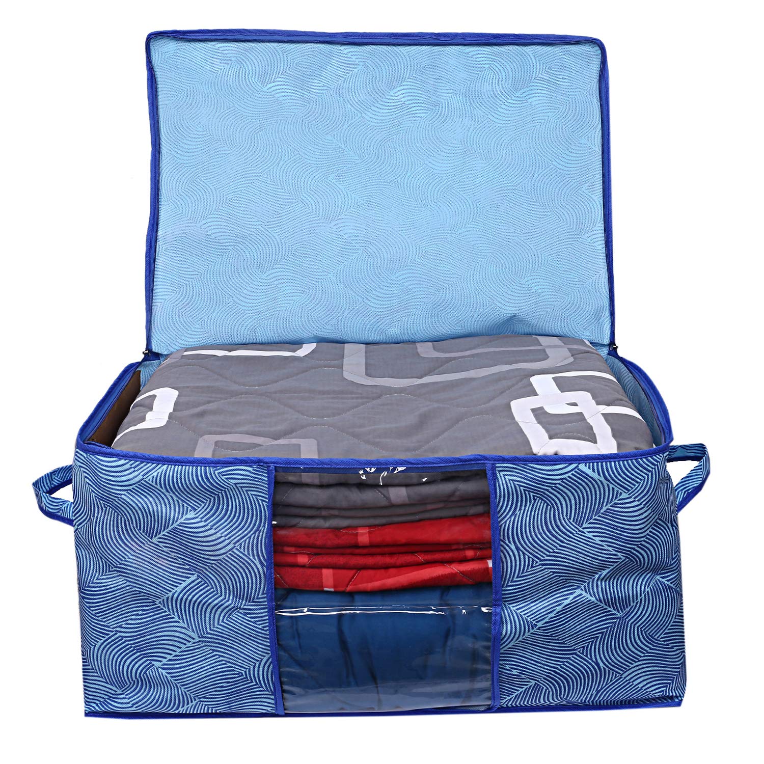 Kuber Industries Leheriya Design Non Woven Underbed Storage Bag|Large Storage Organiser|Blanket Cover with Transparent Window|Size 65 x 47 x 34 CM|Pack of 4 ( Blue)