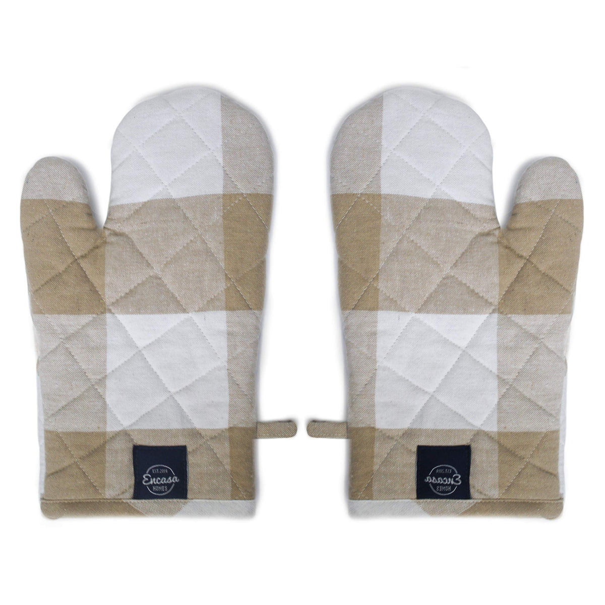 Encasa Homes Long 30 cm Oven Microwave Hand Gloves Mitts (2 pc Set) for Kitchen Cooking & Baking - Heat Resistant, Thick & Safe, Protection of Hands from Hot Utensils, Grill- Buffalo Beige Checks
